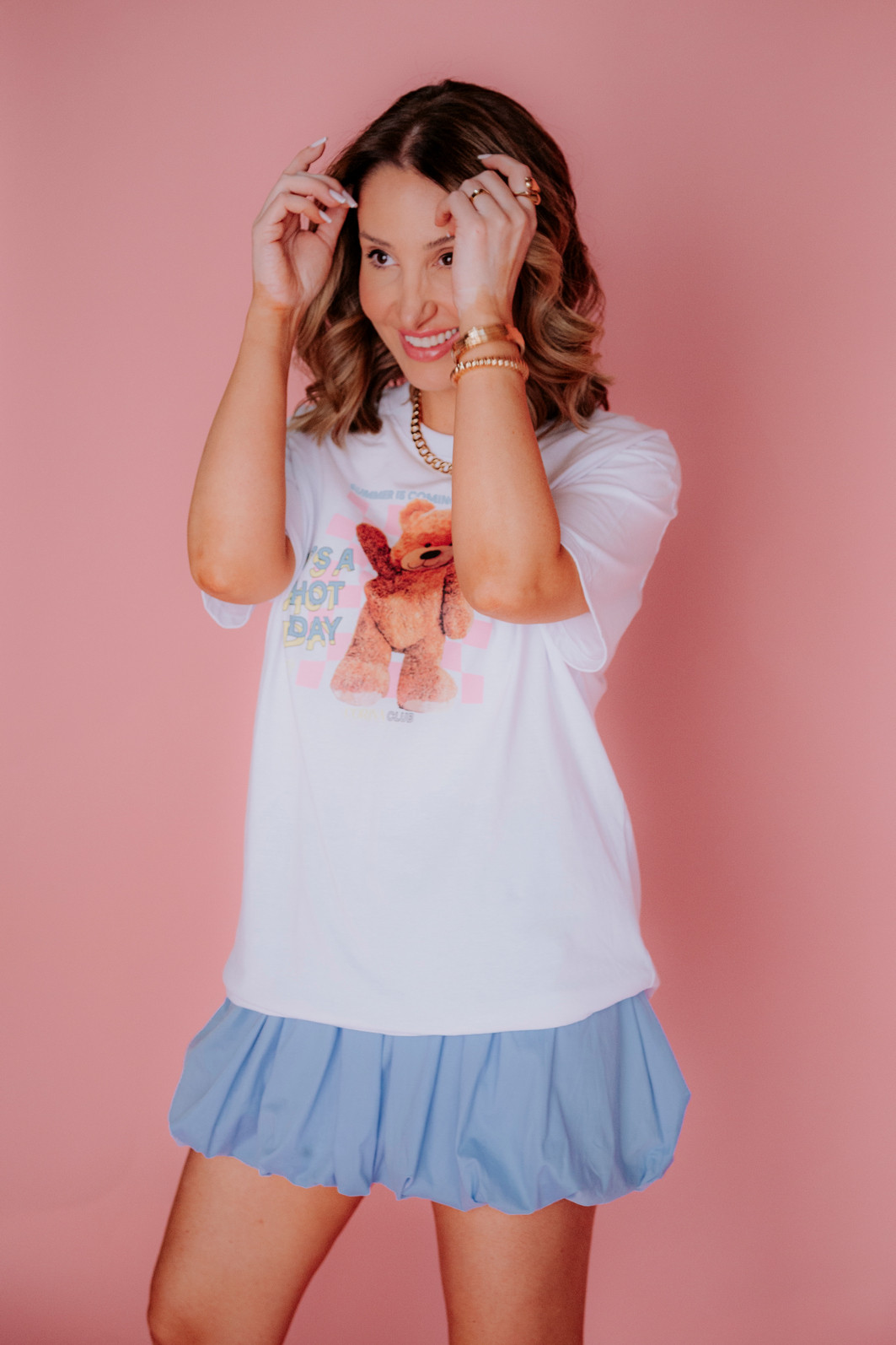 T-Shirt Over Fem Algodão Amaciado Urso Hot Day Chloe Branca