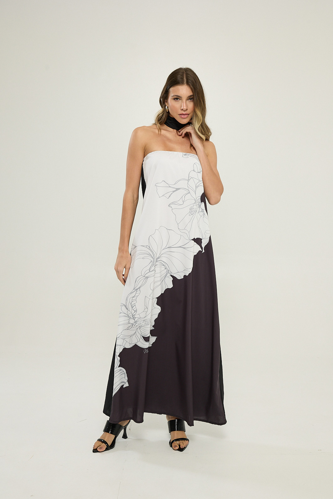 Vestido Longo Floral Bicolor