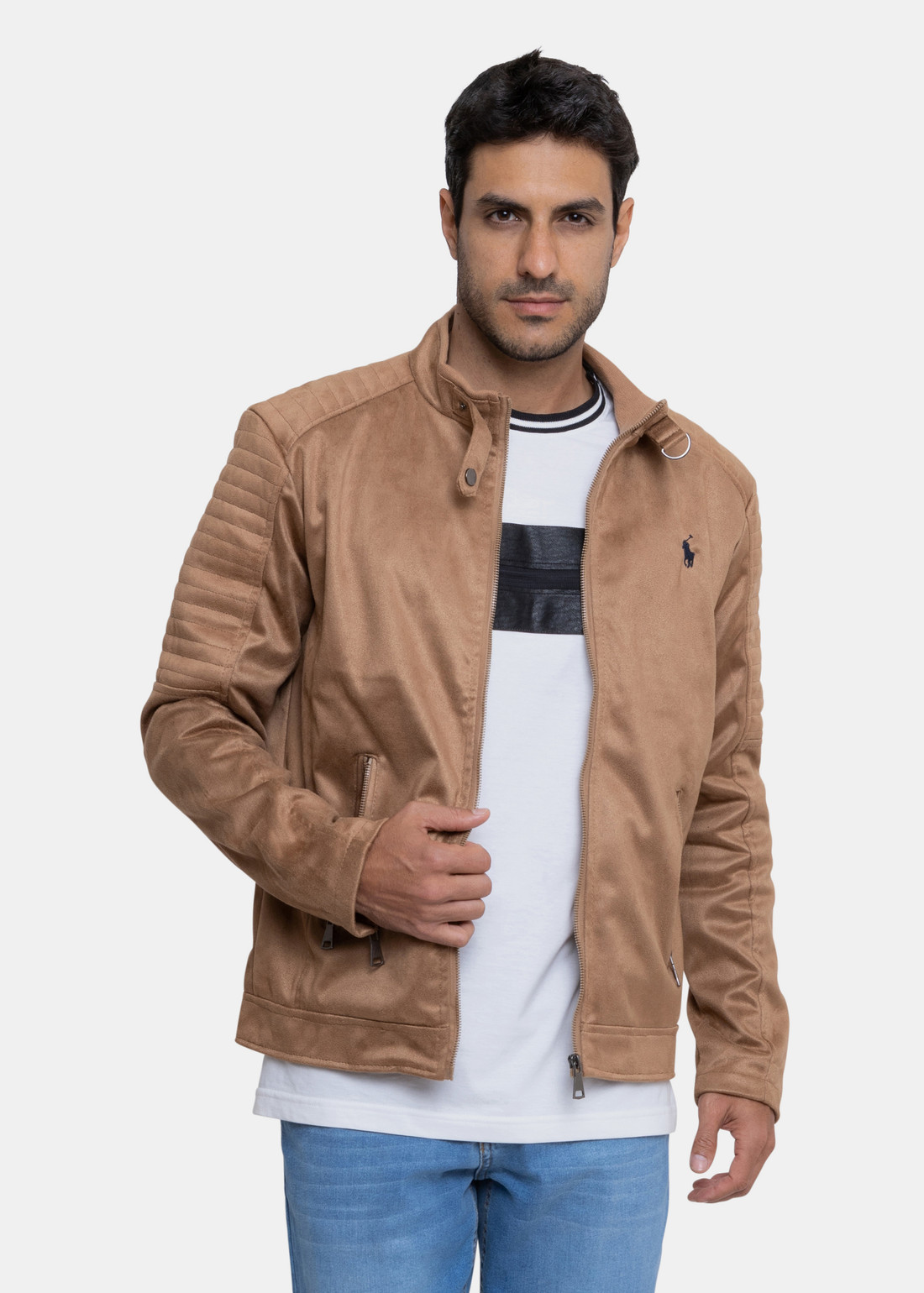 Jaqueta Ralph Lauren Masculina Biker Suede Navy Icon Ocre TheVest