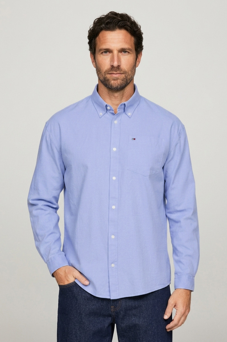 Camisa Tommy Jeans Masculina Relaxed Fit Pocket Oxford Shirt Azul Celeste