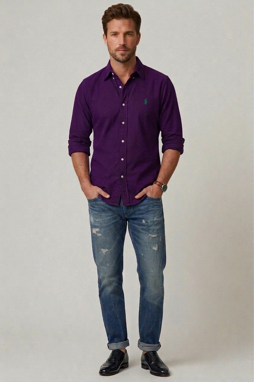 Camisa ML Ralph Lauren Custom Fit Green Icon Oxford Roxo