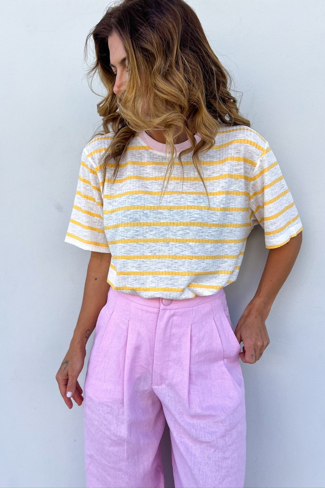 T-Shirt de Listras Gola Rosa Nora - MiniMoni T-Shirt de Listras Gola Rosa Nora - MiniMoni