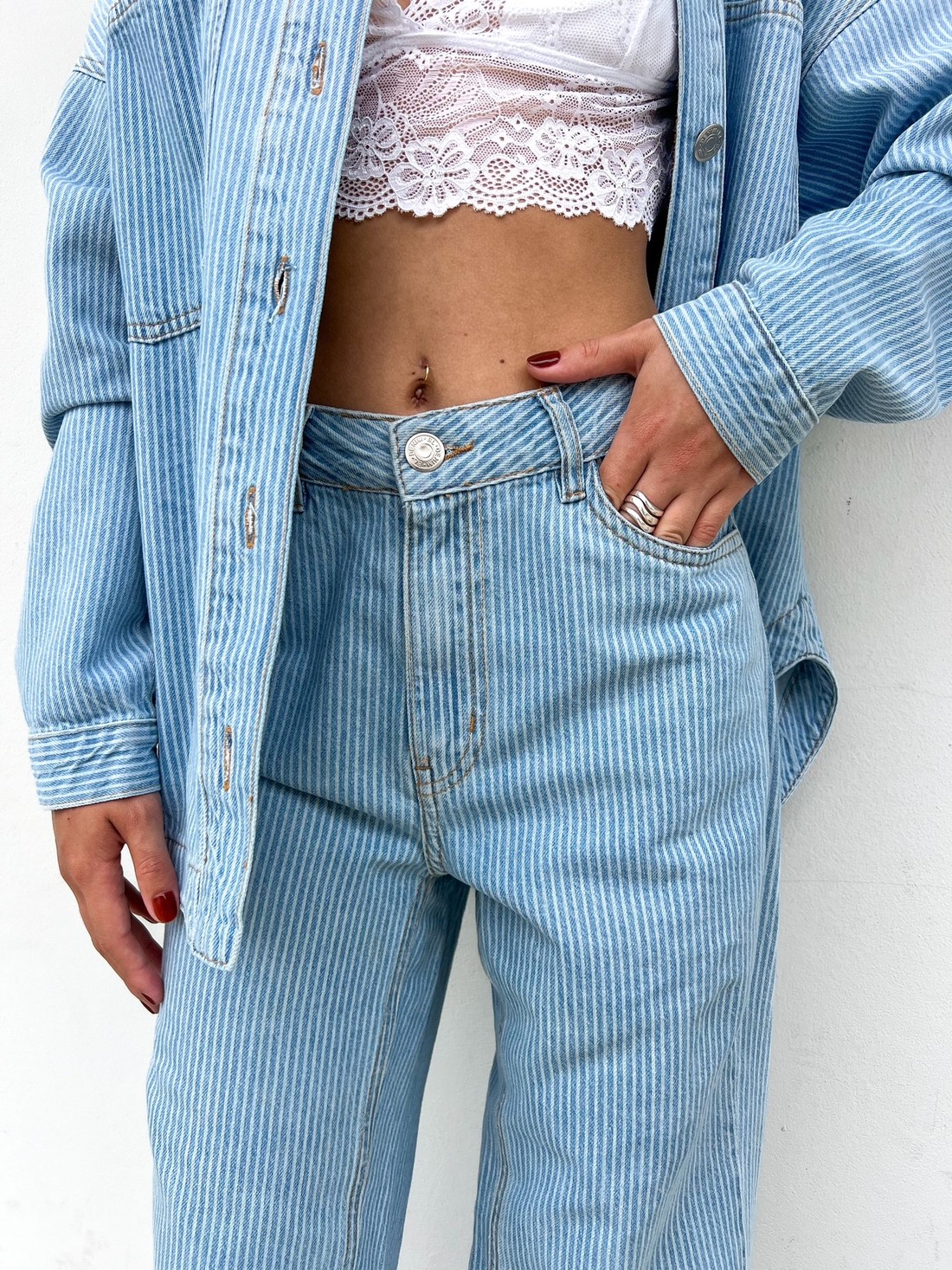 Calça Jeans Feminina Listrada Pandora - Mini Moni Calça Jeans Feminina Listrada Pandora - Mini Moni
