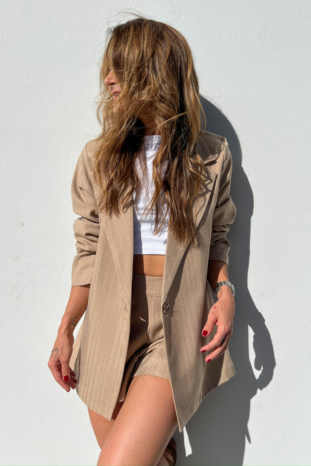 Maxi Blazer Listrado Castanha Tonton - Mini Moni Maxi Blazer Listrado Castanha Tonton - Mini Moni