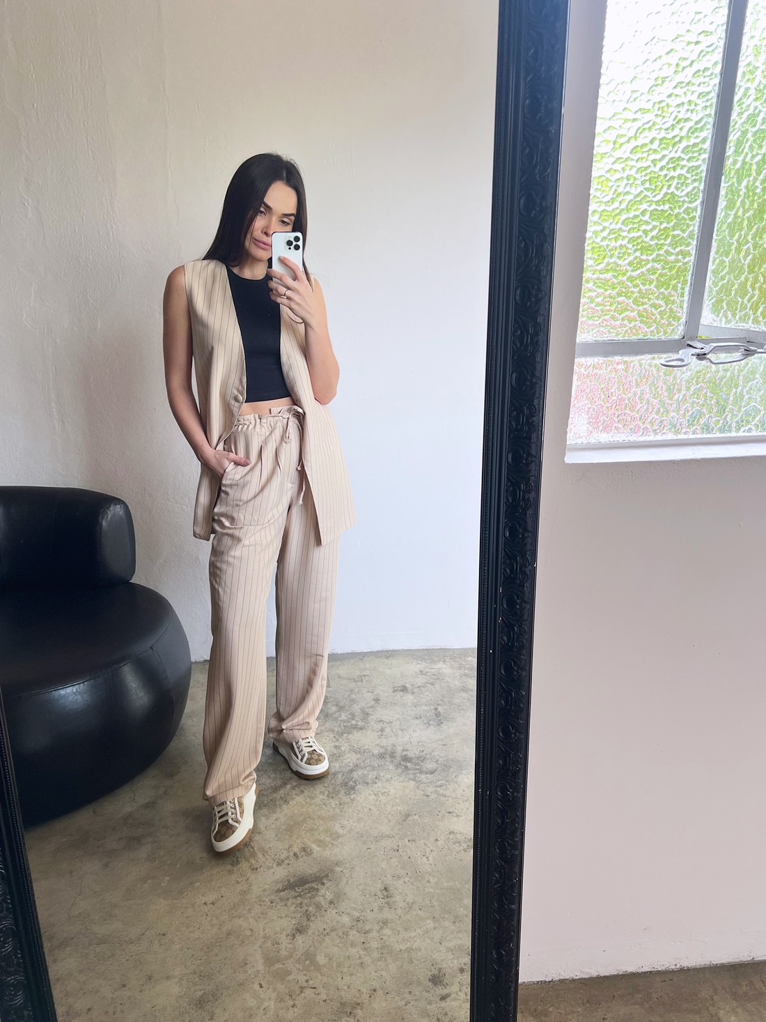 Calça Listrada Feminina Bege Ester - Mini Moni