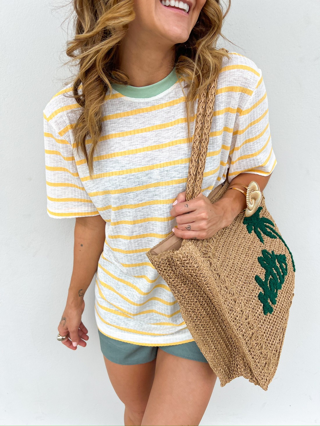 T-Shirt de Listras Gola Verde Nora - MiniMoni