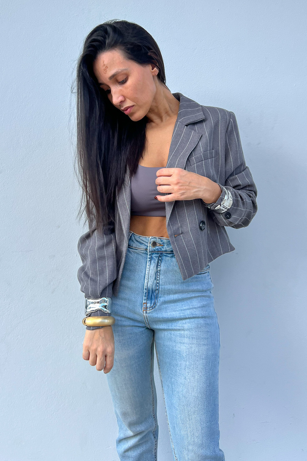 Blazer de Alfaiataria Cinza Risca de Giz - Mini Moni