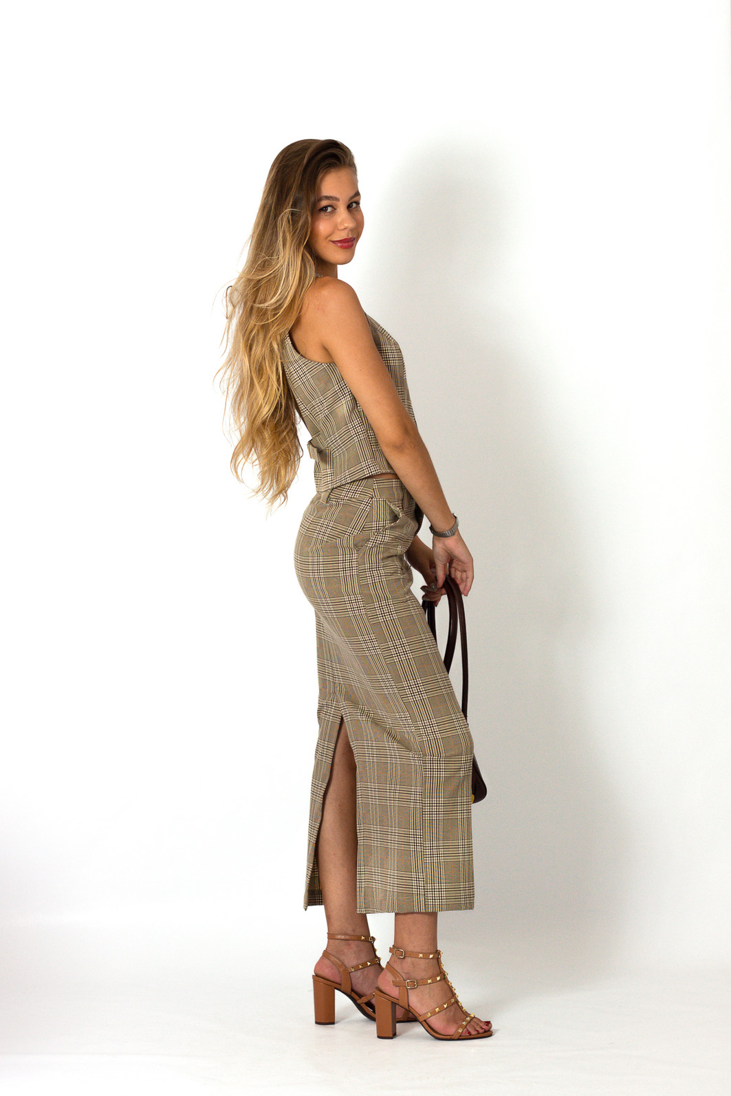 Saia de Alfaiataria Alongada Xadrez Fiorella - Mini Moni