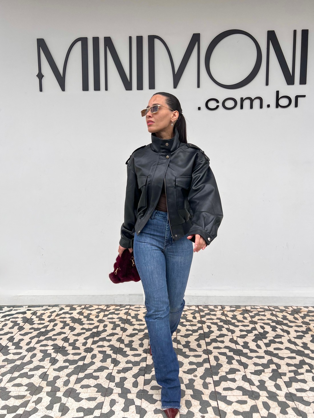 Jaqueta Couro Marrom Bomber - MiniMoni Jaqueta Couro Marrom Bomber - MiniMoni