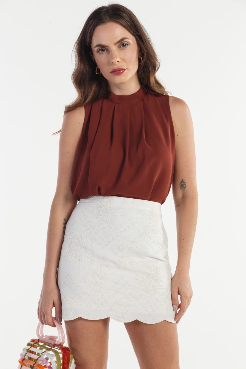 Saia Curta Bordada Branca Cris