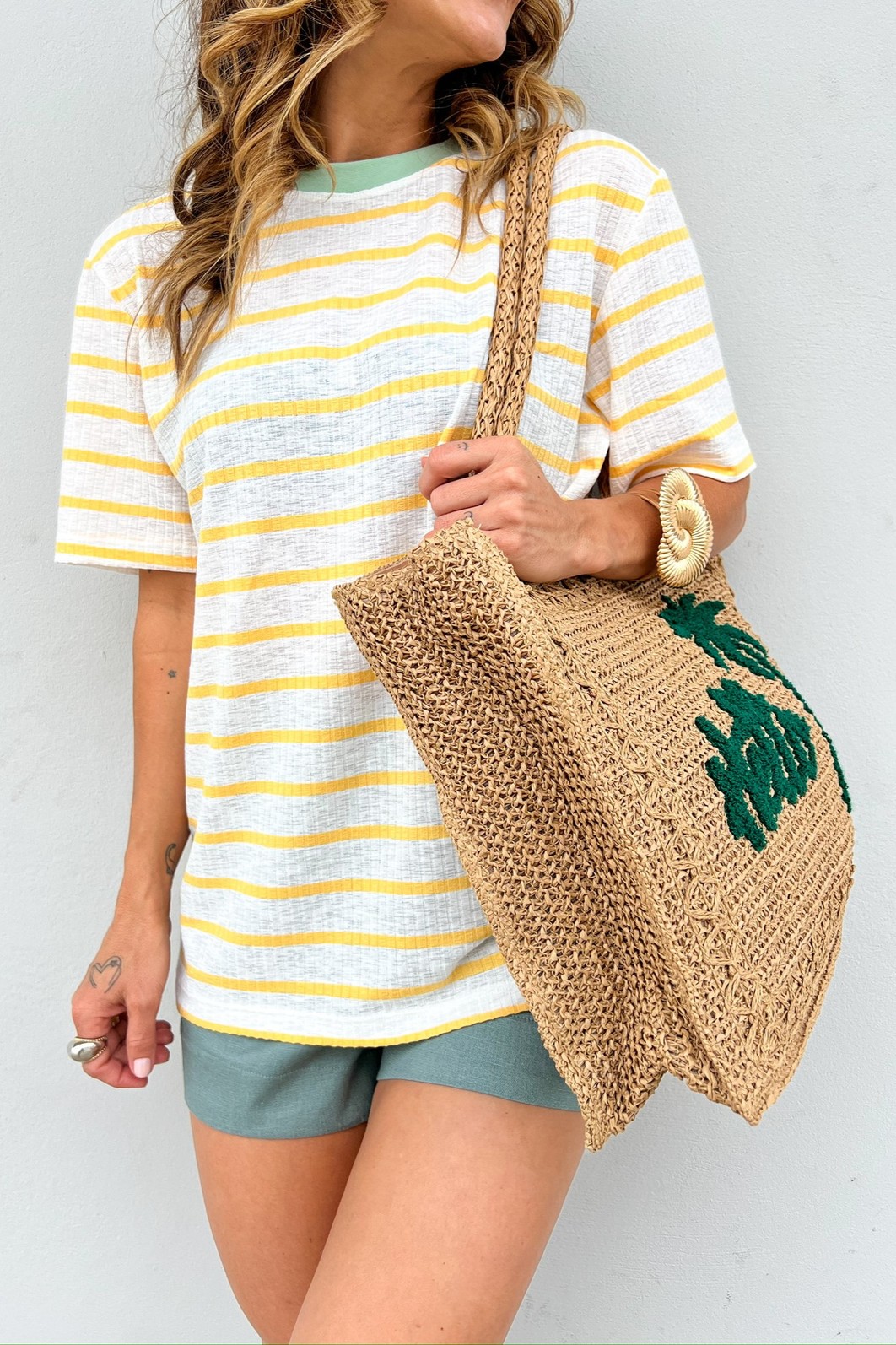 T-Shirt de Listras Gola Verde Nora - MiniMoni