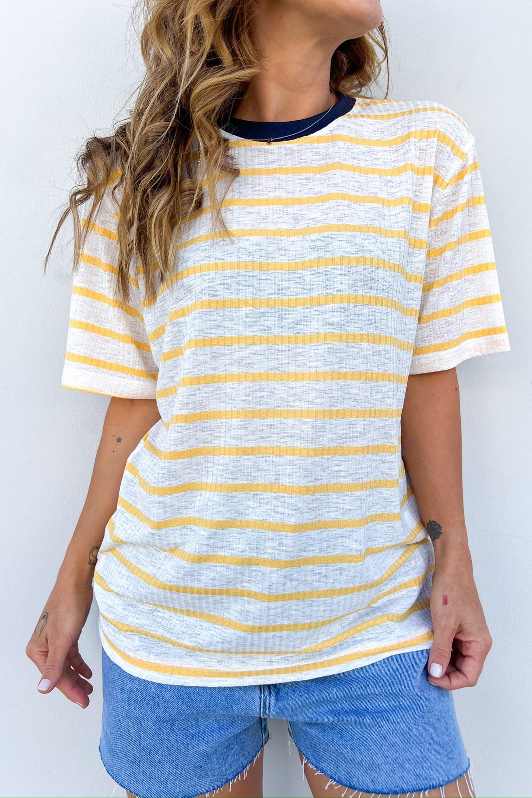 T-Shirt de Listras Gola Azul Nora - MiniMoni