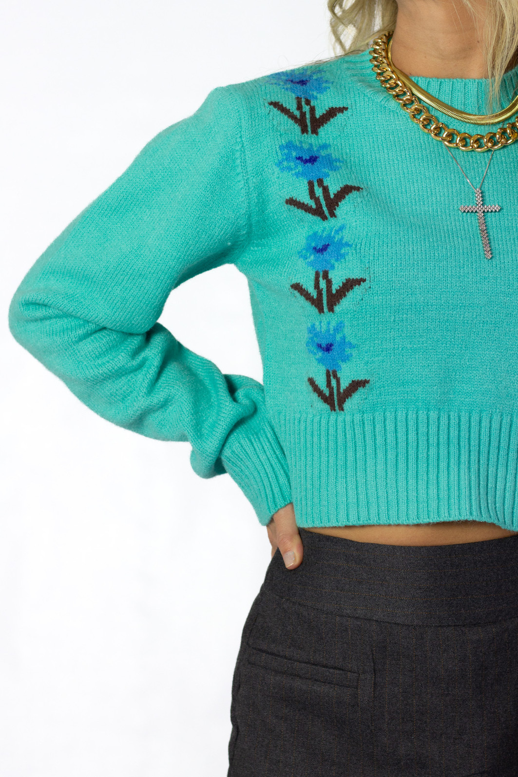 Tricô Manga Longa Verde Água Jardim - Mini Moni