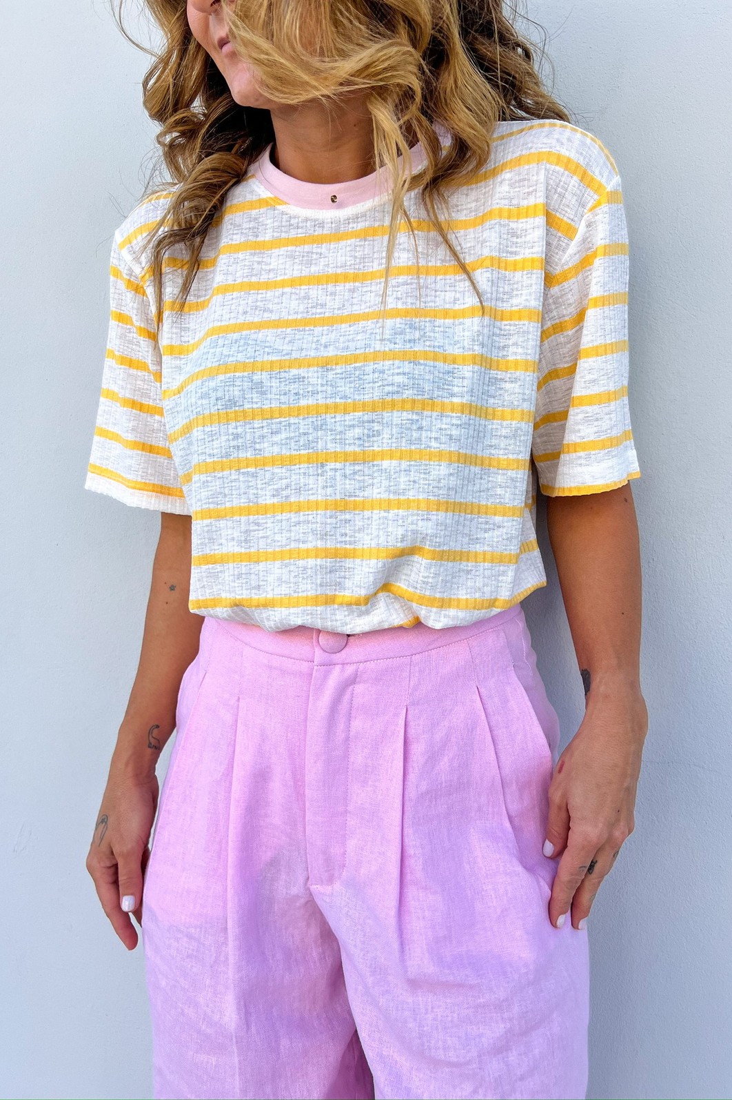 T-Shirt de Listras Gola Rosa Nora - MiniMoni T-Shirt de Listras Gola Rosa Nora - MiniMoni