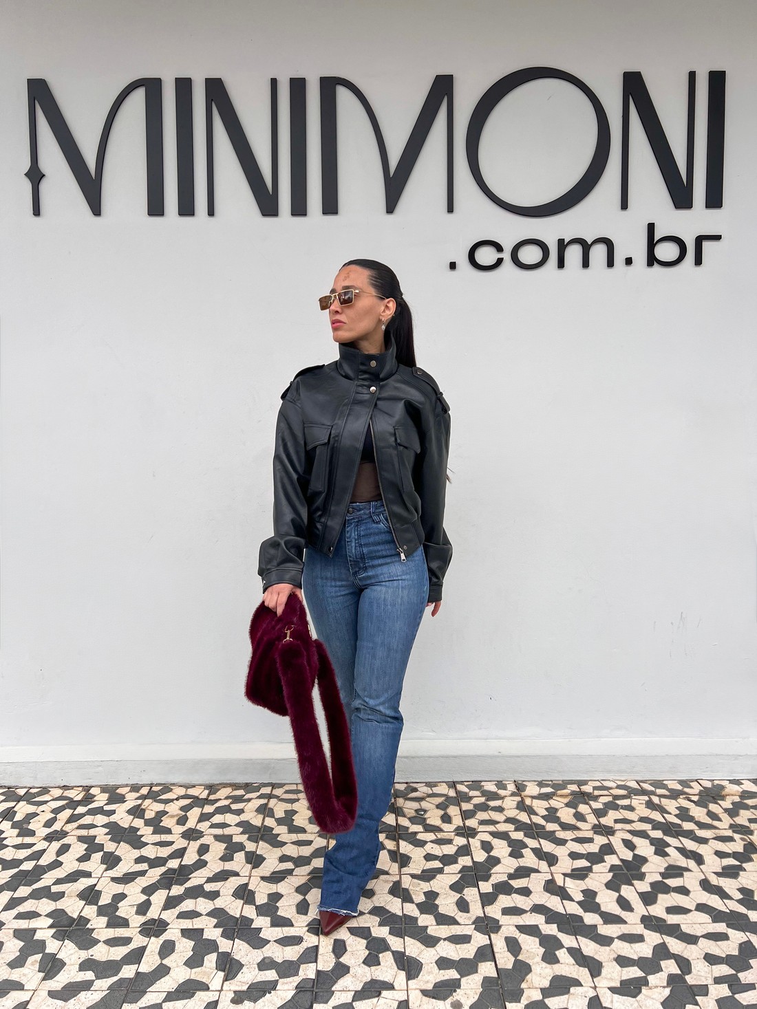 Jaqueta Couro Preta Bomber - MiniMoni Jaqueta Couro Preta Bomber - MiniMoni