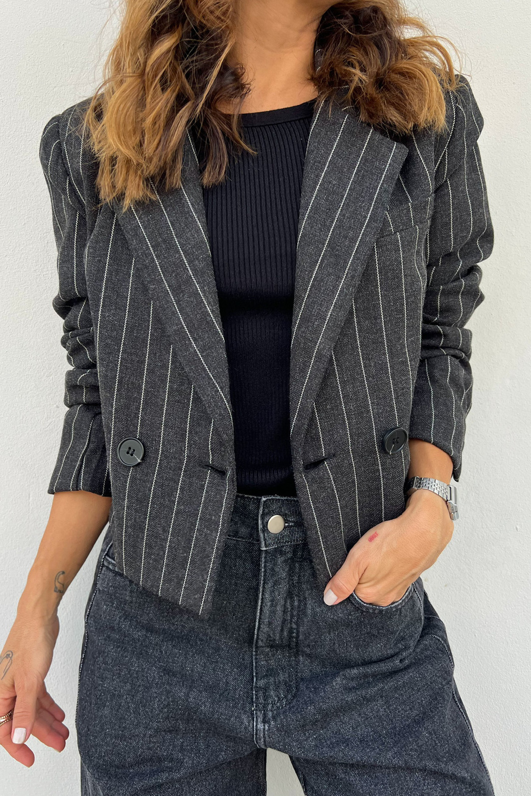 Blazer de Alfaiataria Preto Risca de Giz - Mini Moni Blazer de Alfaiataria Preto Risca de Giz - Mini Moni