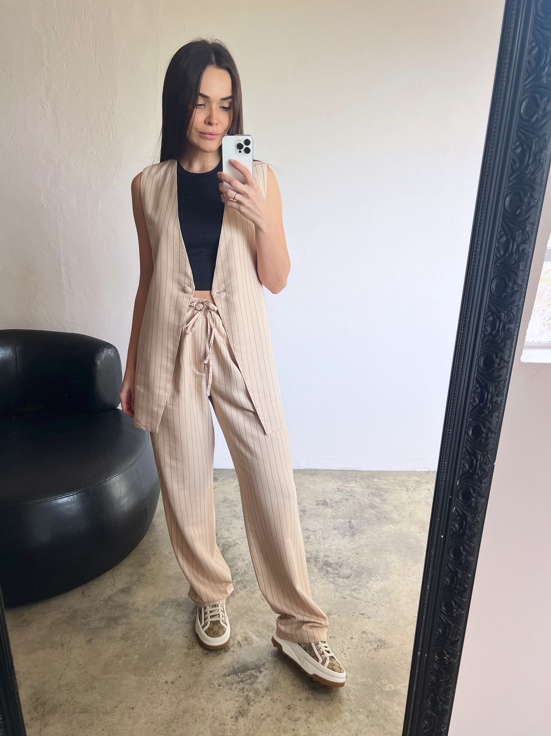 Calça Listrada Feminina Bege Ester - Mini Moni