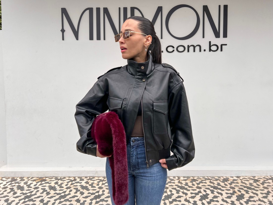 Jaqueta Couro Preta Bomber - MiniMoni Jaqueta Couro Preta Bomber - MiniMoni