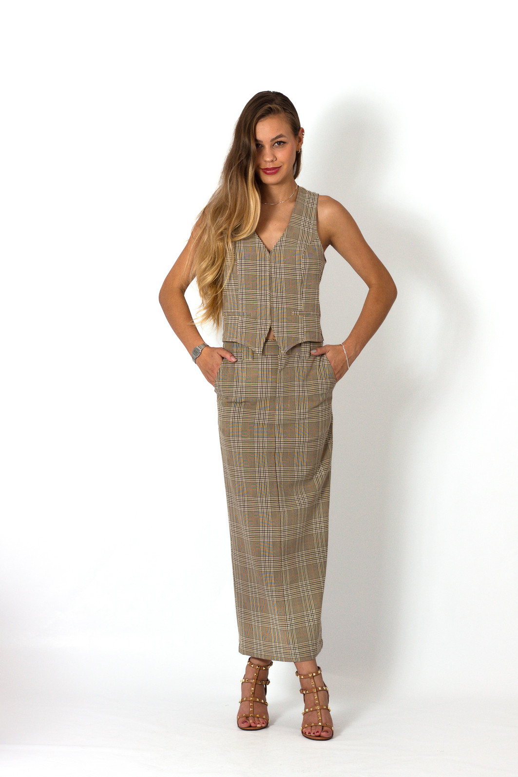 Saia de Alfaiataria Alongada Xadrez Fiorella - Mini Moni