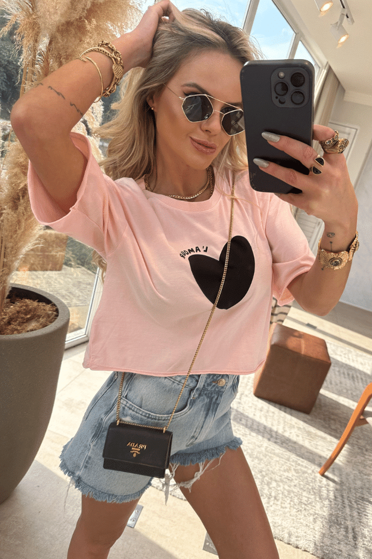 Cropped Coração L'amour Rosa Chá Cropped Coração L'amour Rosa Chá