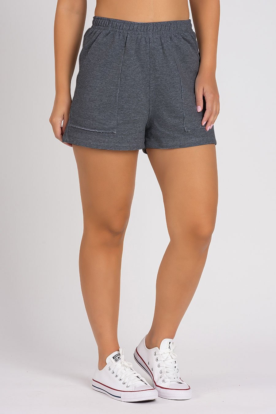 Short de Moletom Feminino Bolso a Fio Mescla Escuro 