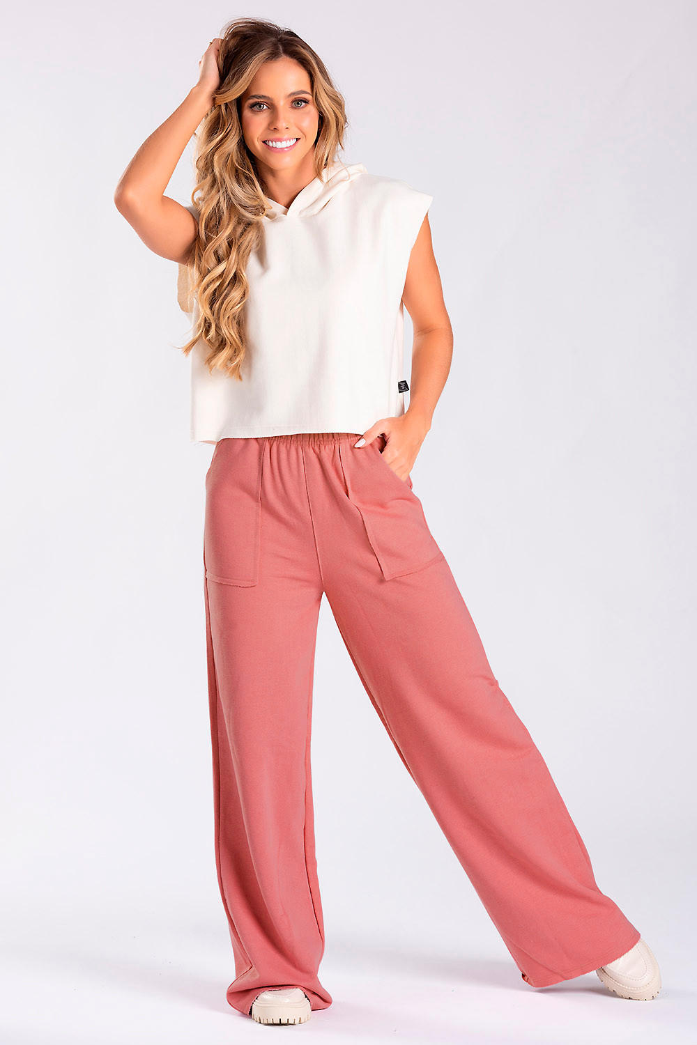 Calça Wide Leg Moletom Coral