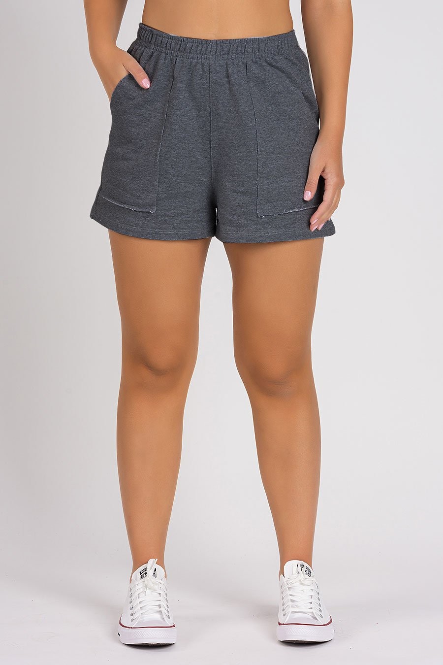 Short de Moletom Feminino Bolso a Fio Mescla Escuro 