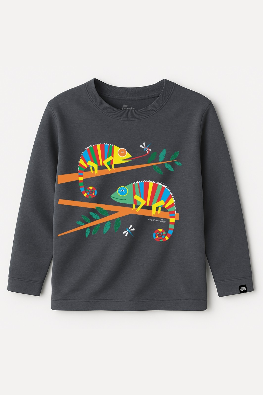 Camiseta Infantil Manga Longa Algodão Toque Macio Cinza Chumbo Camaleões Camiseta Infantil Manga Longa Algodão Toque Macio Cinza Chumbo Camaleões