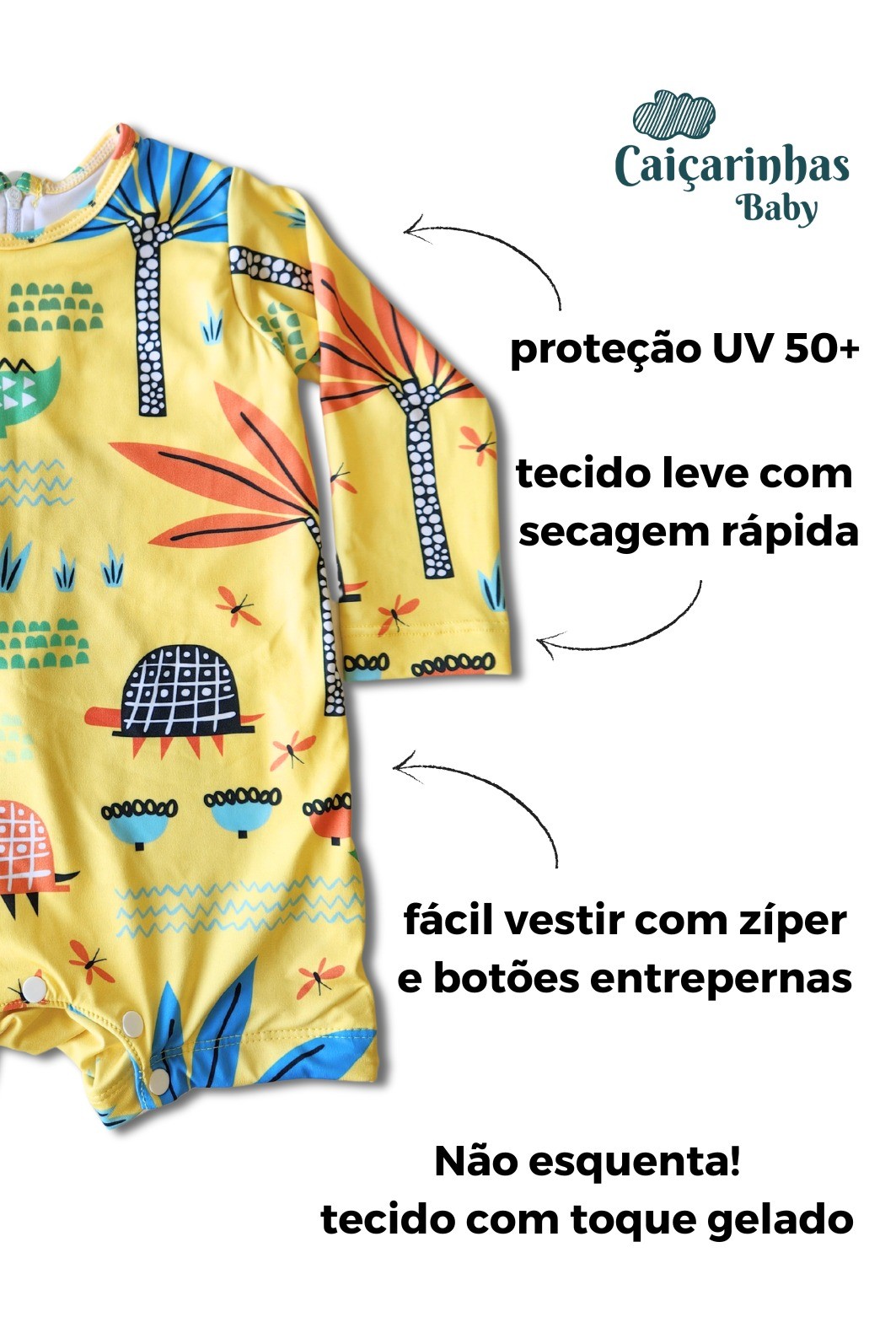 Macacão Praia Bebê Proteção Solar UV 50+ Manga Longa Amarelo Safari Macacão Praia Bebê Proteção Solar UV 50+ Manga Longa Amarelo Safari