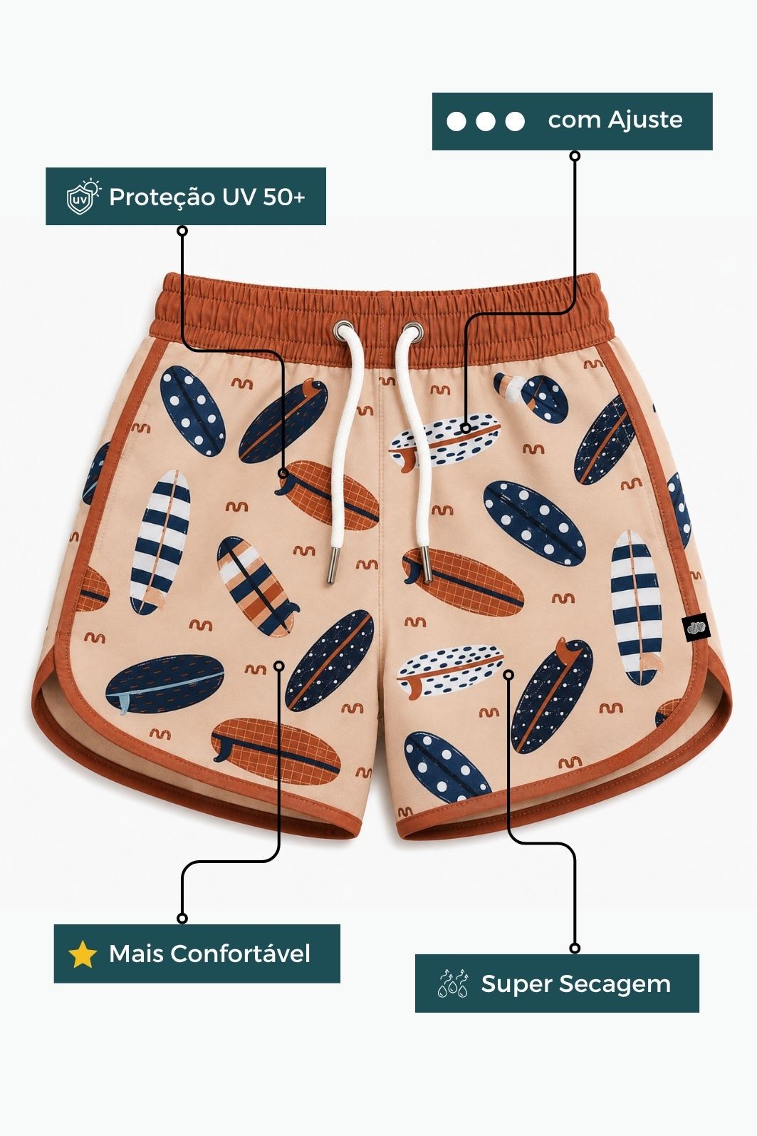 Short Infantil Tactel curto de banho com ajuste na cintura e Proteção UV 50+ Branco Pranchas Short Infantil Tactel curto de banho com ajuste na cintura e Proteção UV 50+ Branco Pranchas