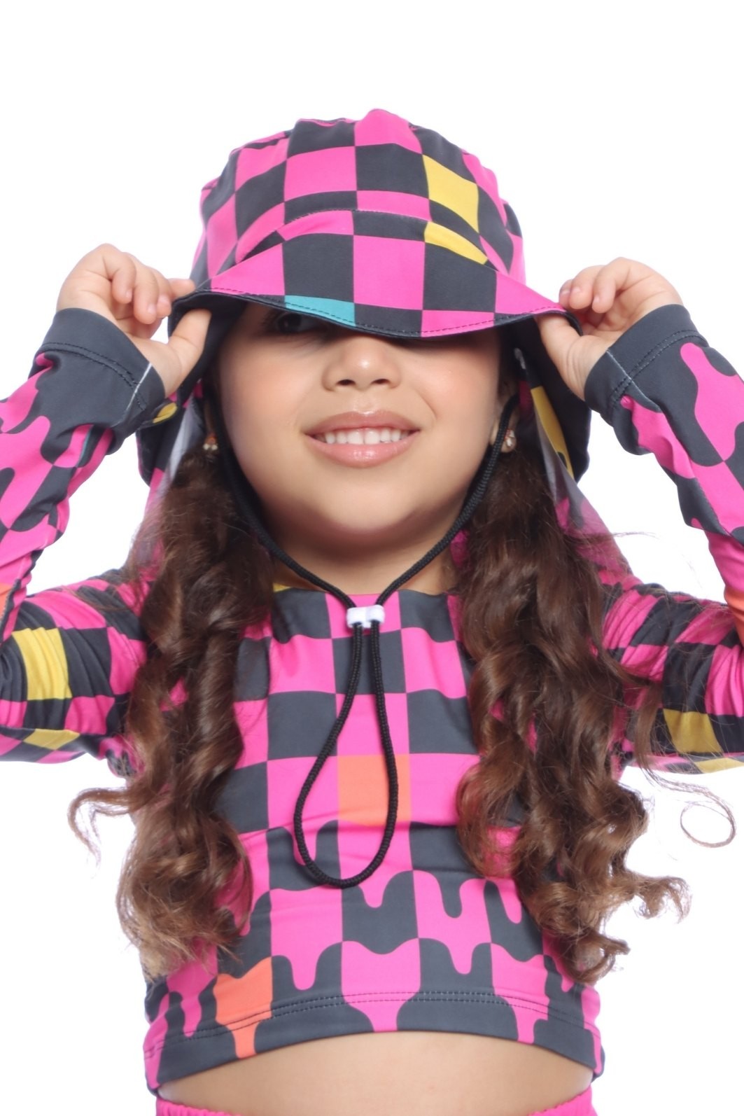 Chapéu infantil Proteção Solar UV 50+ Dupla Face Ajustável Rosa Quadriculados Chapéu infantil Proteção Solar UV 50+ Dupla Face Ajustável Rosa Quadriculados