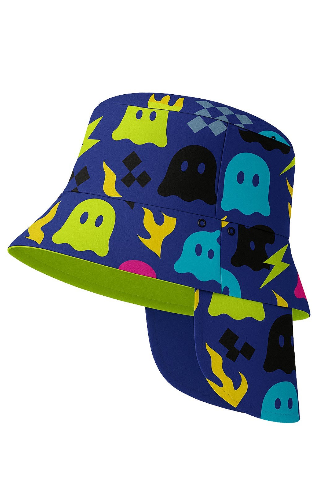 Chapéu infantil Proteção Solar UV 50+ Dupla Face Ajustável Azul Fantasminhas