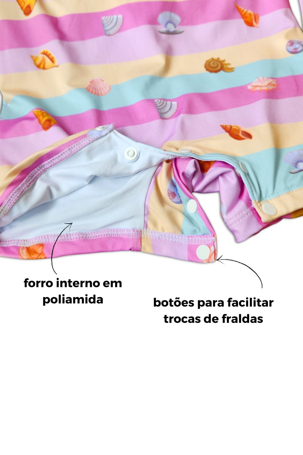 Macacão Praia Bebê Proteção Solar UV 50+ Manga Longa Rosa Conchinhas Macacão Praia Bebê Proteção Solar UV 50+ Manga Longa Rosa Conchinhas