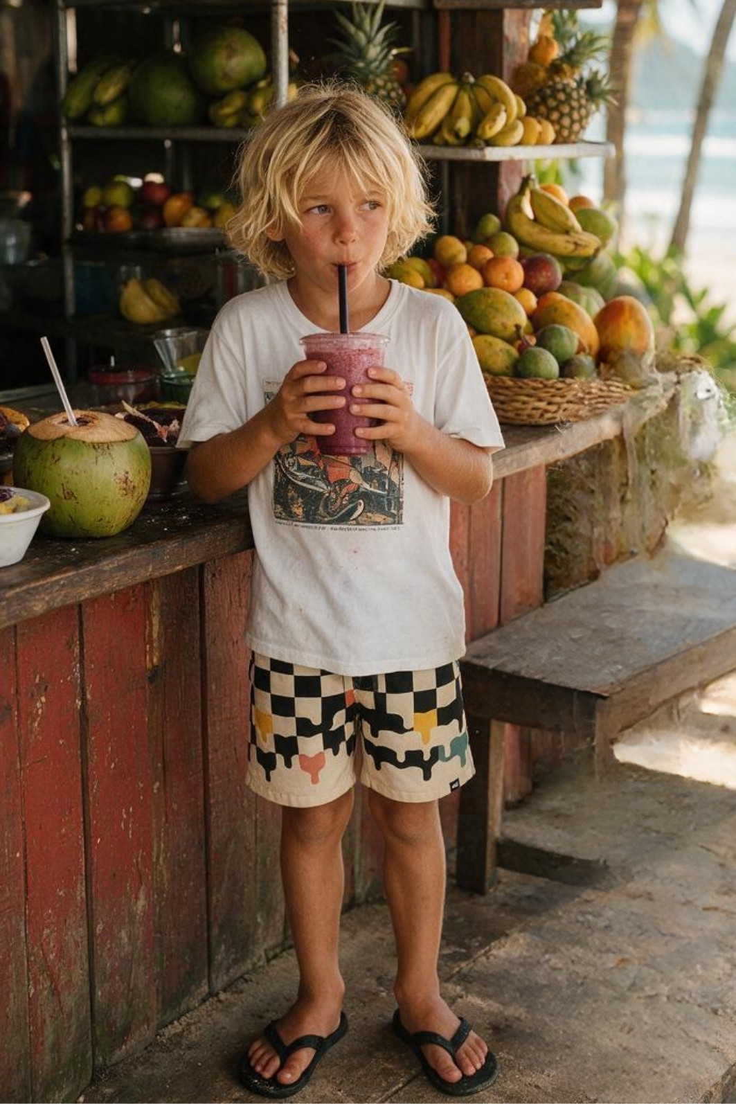 Short Infantil Tactel com ajuste na cintura UV 50+ Off White e Preto Quadriculados Short Infantil Tactel com ajuste na cintura UV 50+ Off White e Preto Quadriculados