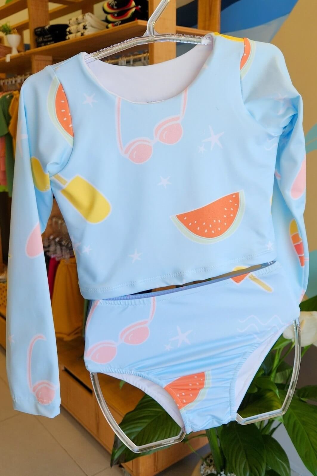 Cropped ML UV Azul Summer com Calcinha Alta Confortável