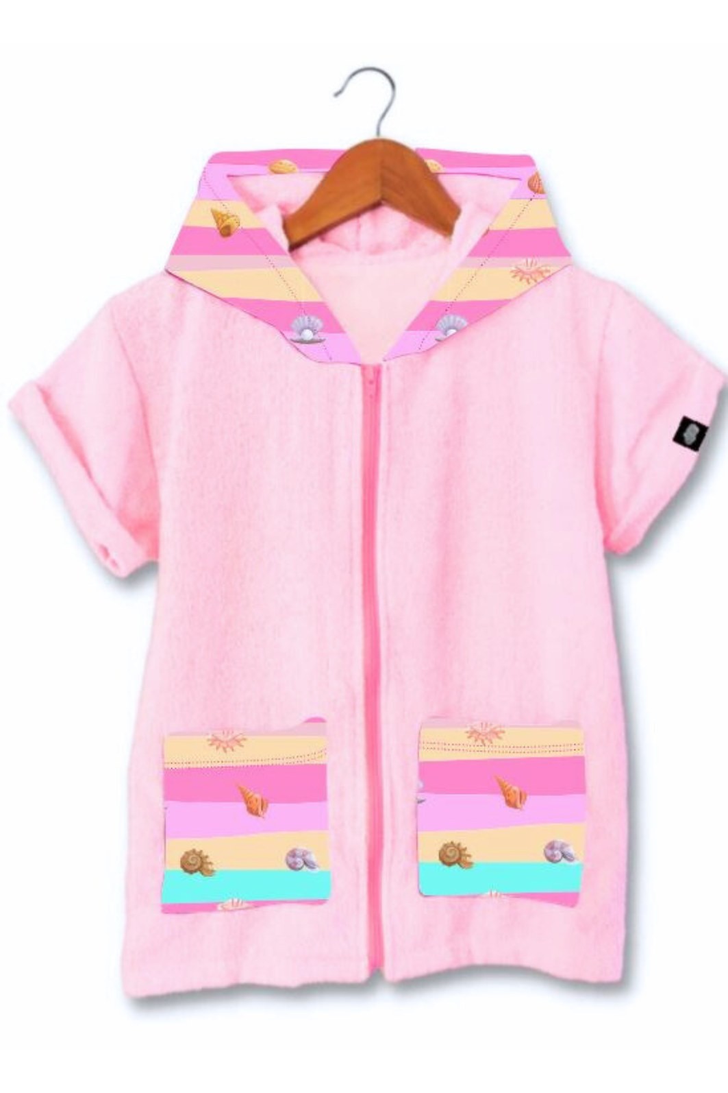 Roupão Infantil Com Capuz e Zíper 100% Algodão Super Secagem Proteção UV50+ Rosa Conchinhas Roupão Infantil Com Capuz e Zíper 100% Algodão Super Secagem Proteção UV50+ Rosa Conchinhas