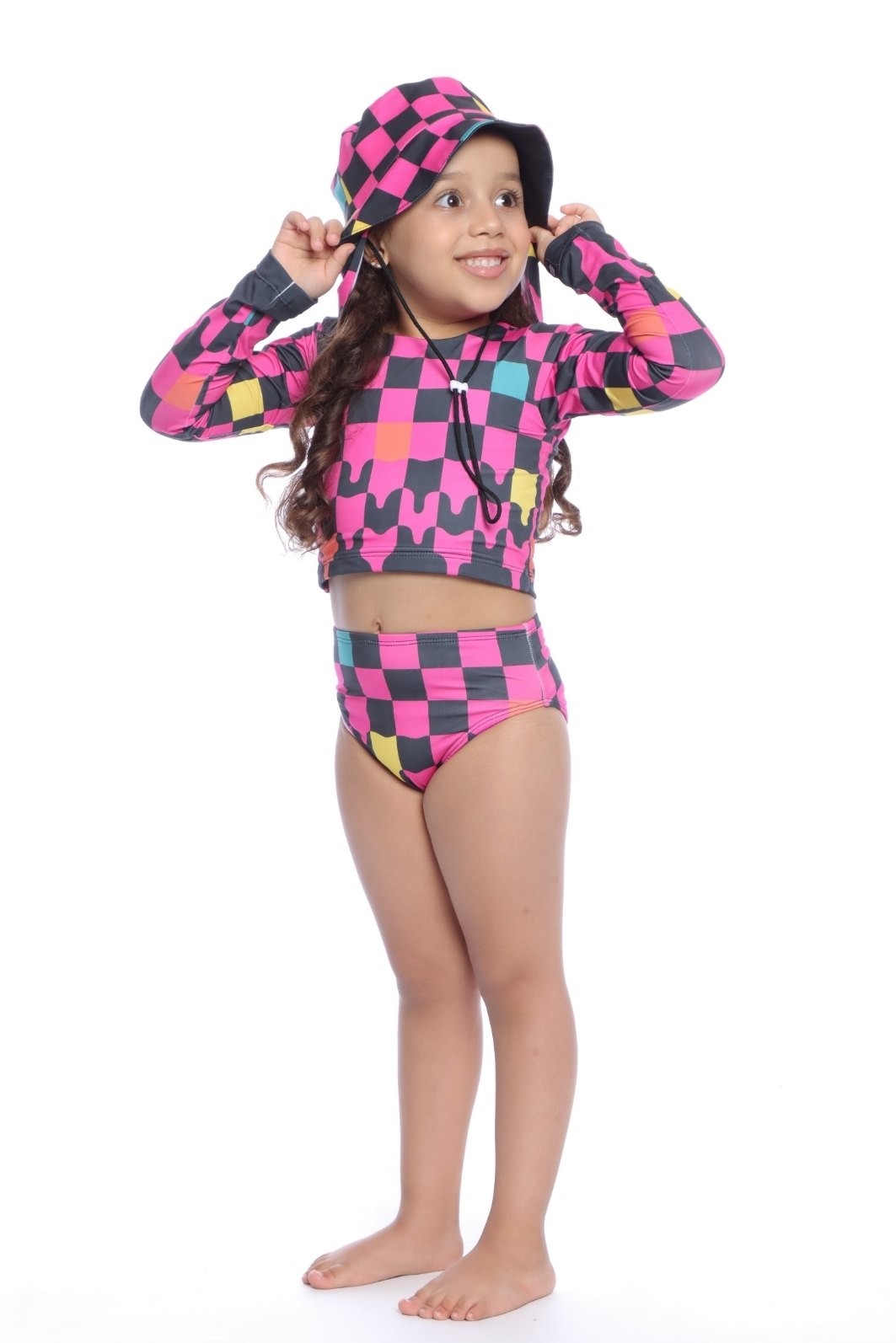 Cropped Manga Longa e Calcinha Alta Proteção UV50+ Rosa com Preto Cropped Manga Longa e Calcinha Alta Proteção UV50+ Rosa com Preto