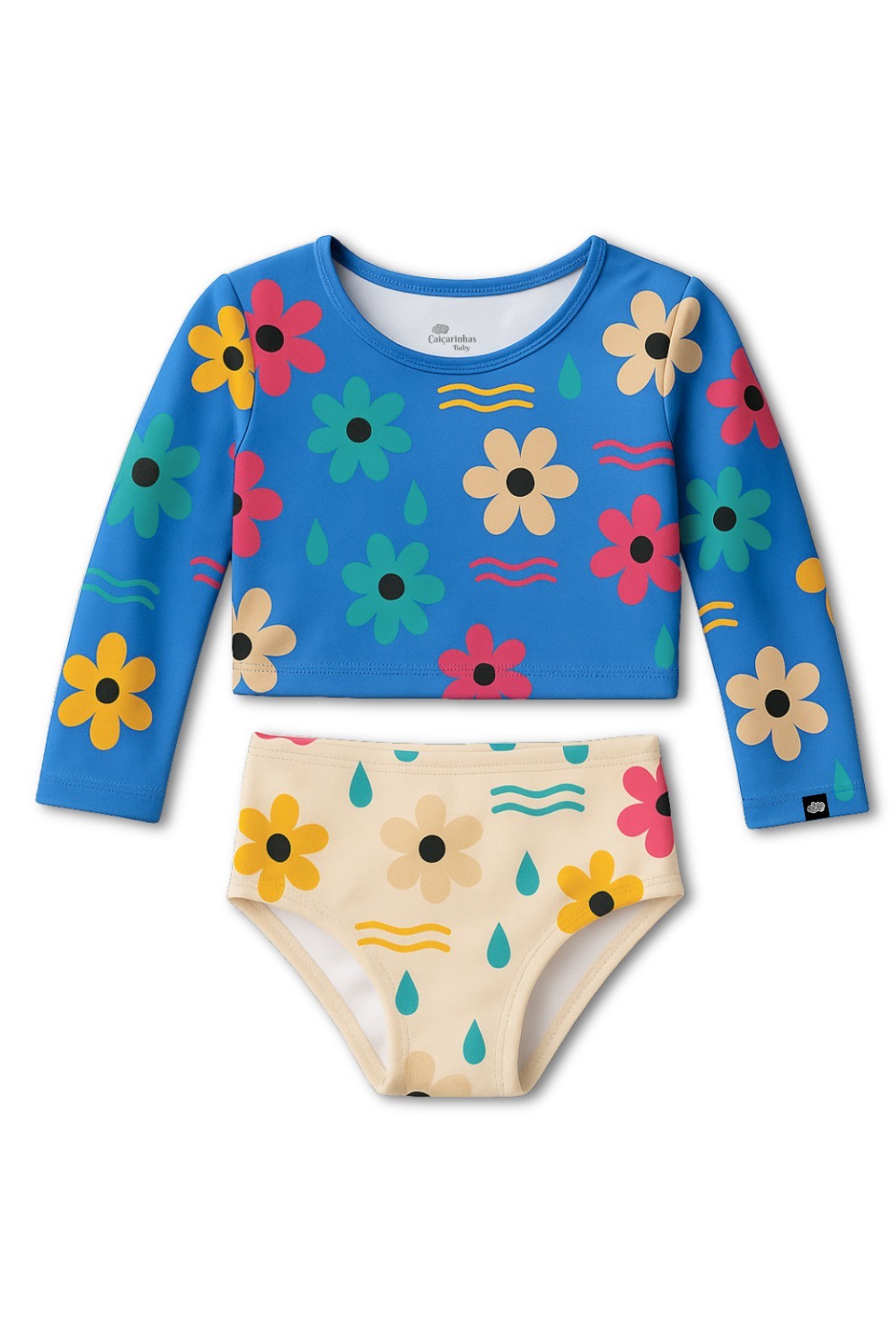 Cropped Manga Longa e Calcinha Alta Proteção UV50+ Azul com Off White Dona Flor