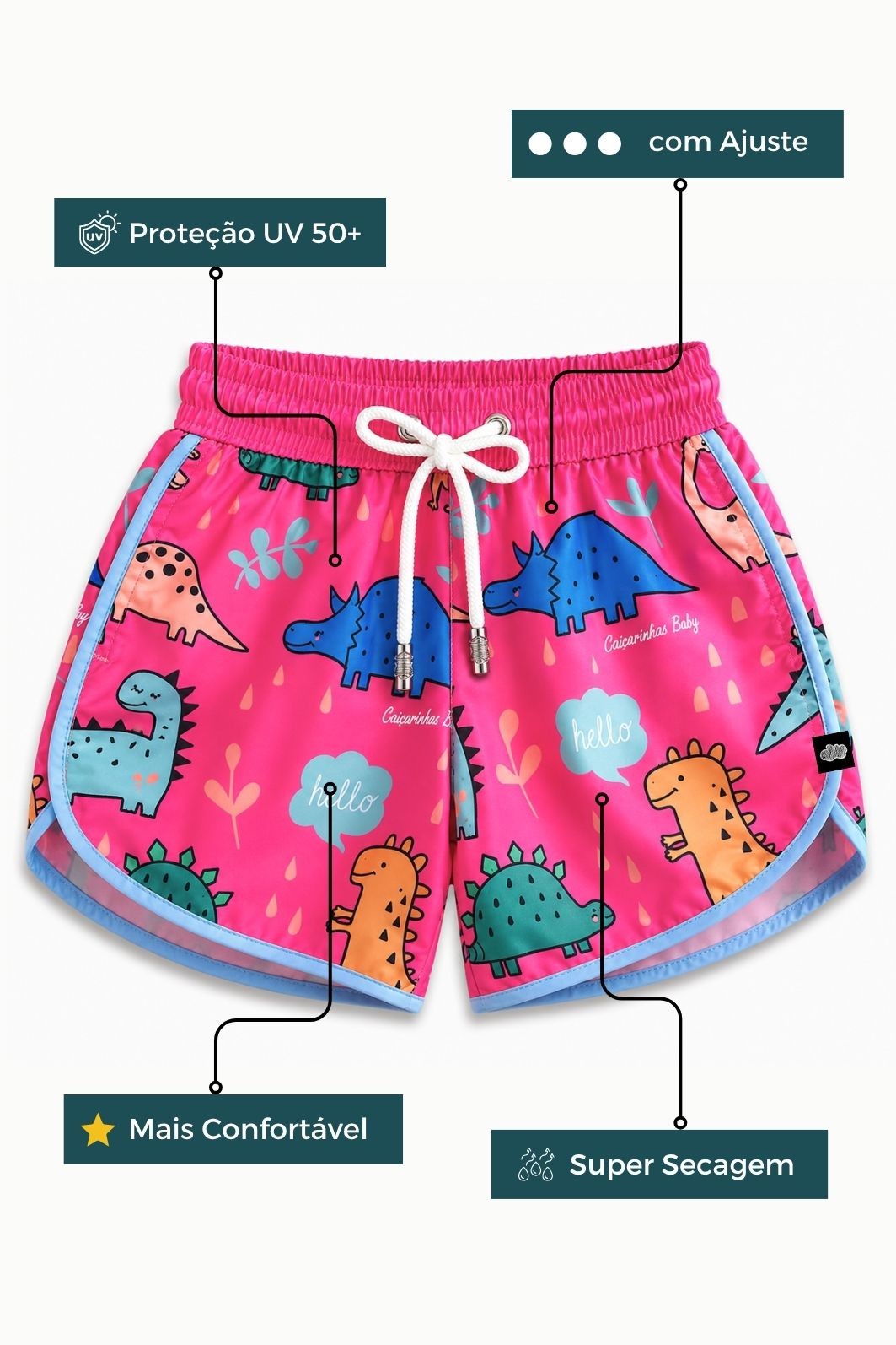 Short Infantil Tactel curto de banho com ajuste na cintura e Proteção UV 50+ Rosa Dinossauros Short Infantil Tactel curto de banho com ajuste na cintura e Proteção UV 50+ Rosa Dinossauros