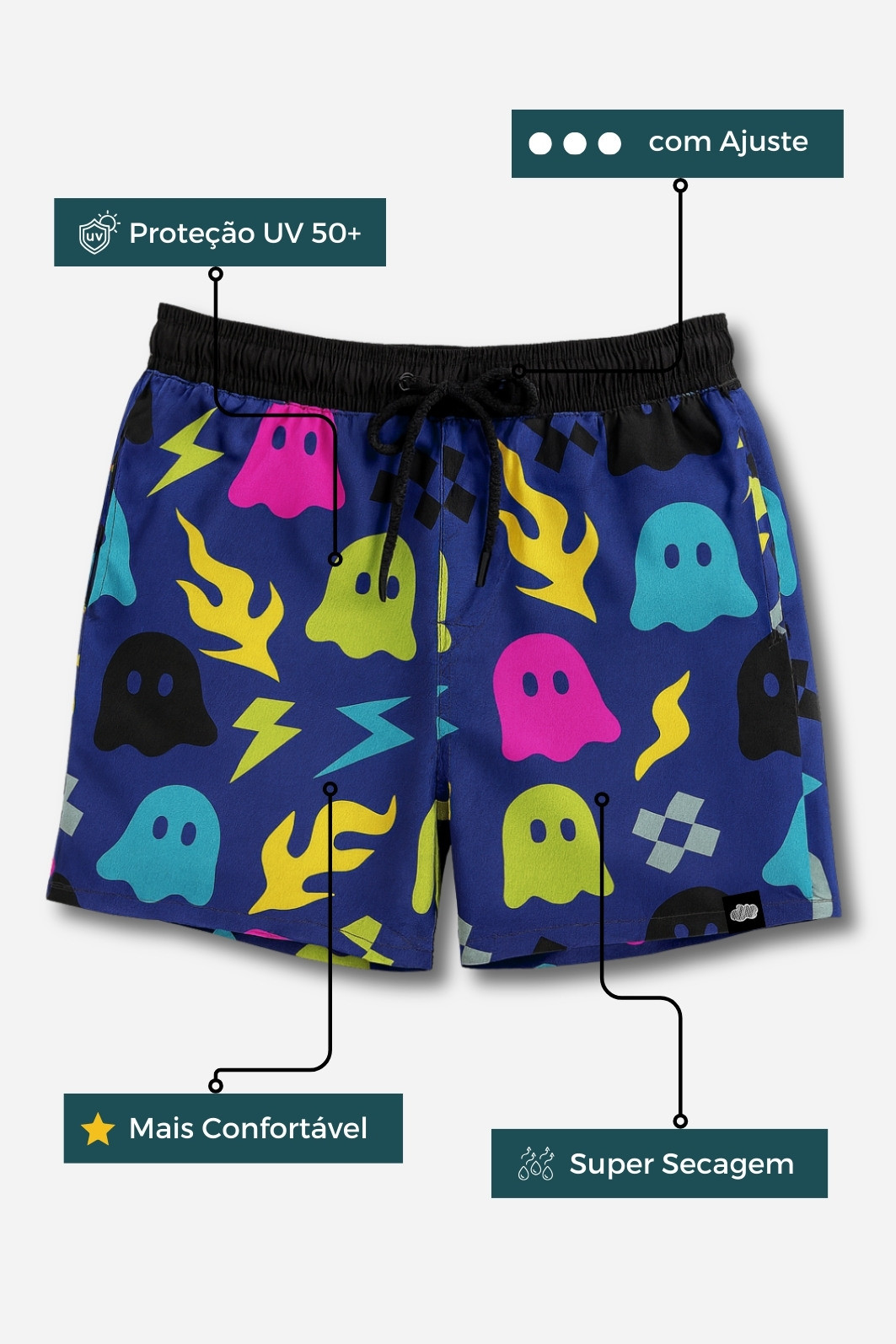 Short Infantil Tactel com ajuste na cintura UV 50+ Azul Fantasminhas Short Infantil Tactel com ajuste na cintura UV 50+ Azul Fantasminhas