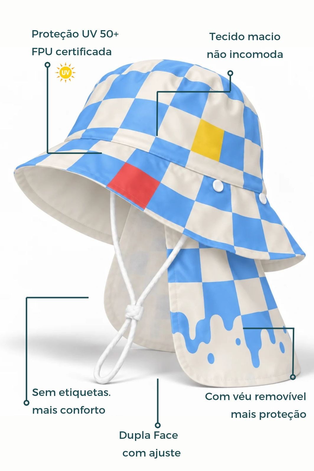 Chapéu infantil Proteção Solar UV 50+ Dupla Face Ajustável Off White e Azul Quadriculados Chapéu infantil Proteção Solar UV 50+ Dupla Face Ajustável Off White e Azul Quadriculados