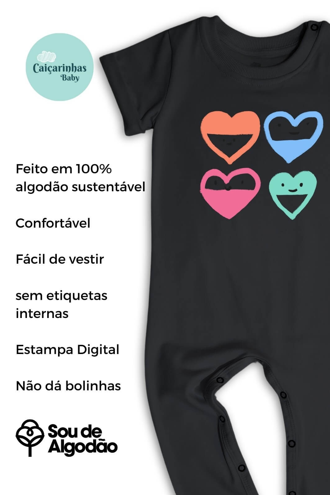 Macacão Bebê Longo Manga Curta Preto Amorzinho Macacão Bebê Longo Manga Curta Preto Amorzinho
