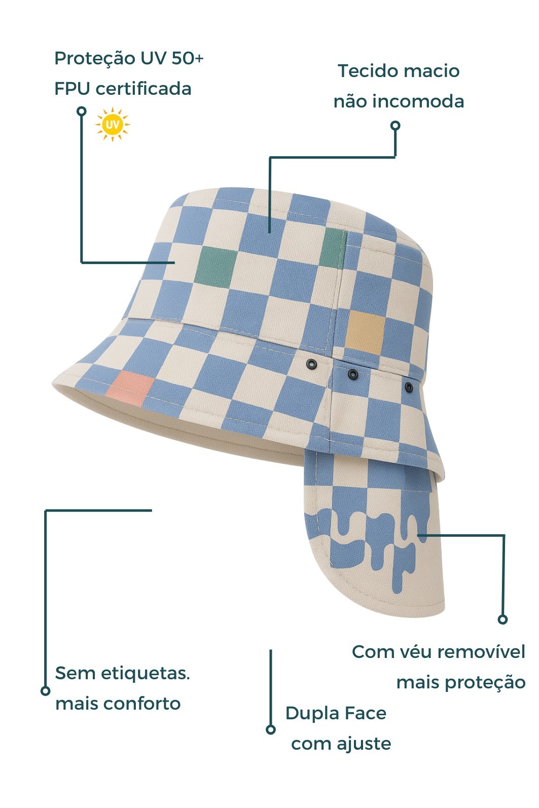 Chapéu infantil Proteção Solar UV 50+ Dupla Face Ajustável Off White e Azul Quadriculados Chapéu infantil Proteção Solar UV 50+ Dupla Face Ajustável Off White e Azul Quadriculados