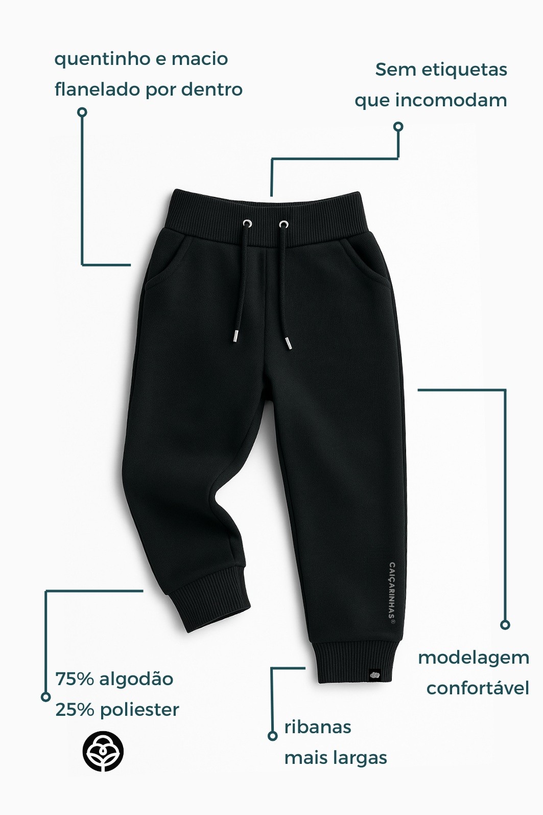 Calça infantil Jogger Preta com punho na cintura e tornozelo em tecido Moletom Flanelado