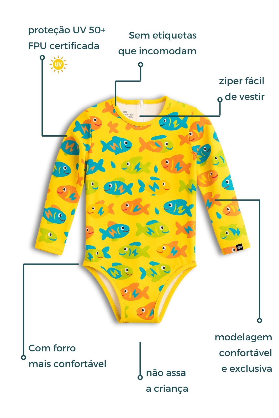 Maiô Manga Longa Proteção UV50+ Confortável Amarelo Peixinhos Maiô Manga Longa Proteção UV50+ Confortável Amarelo Peixinhos