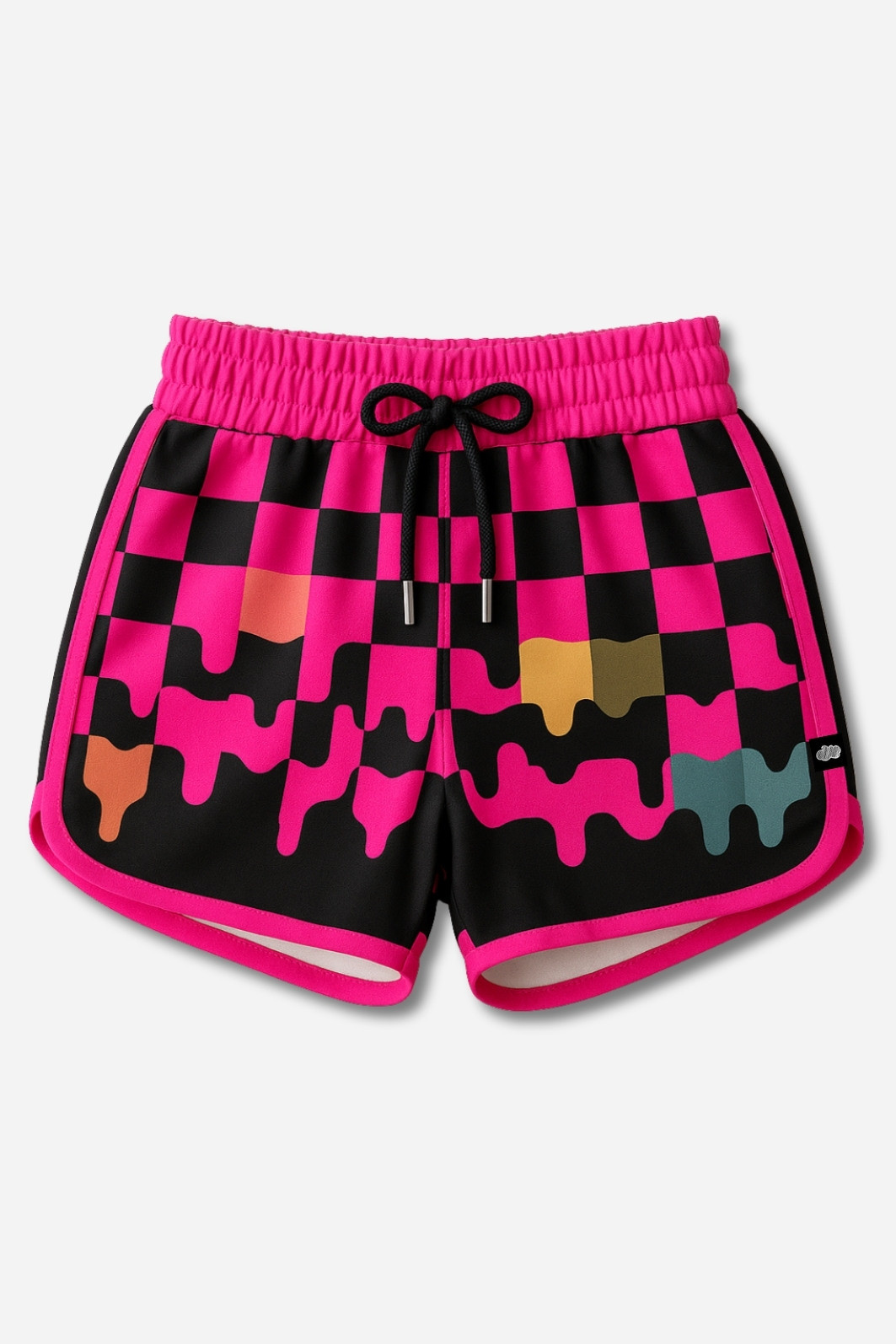Short Infantil Boleado Tactel com ajuste na cintura UV 50+ Rosa com Preto Quadriculados