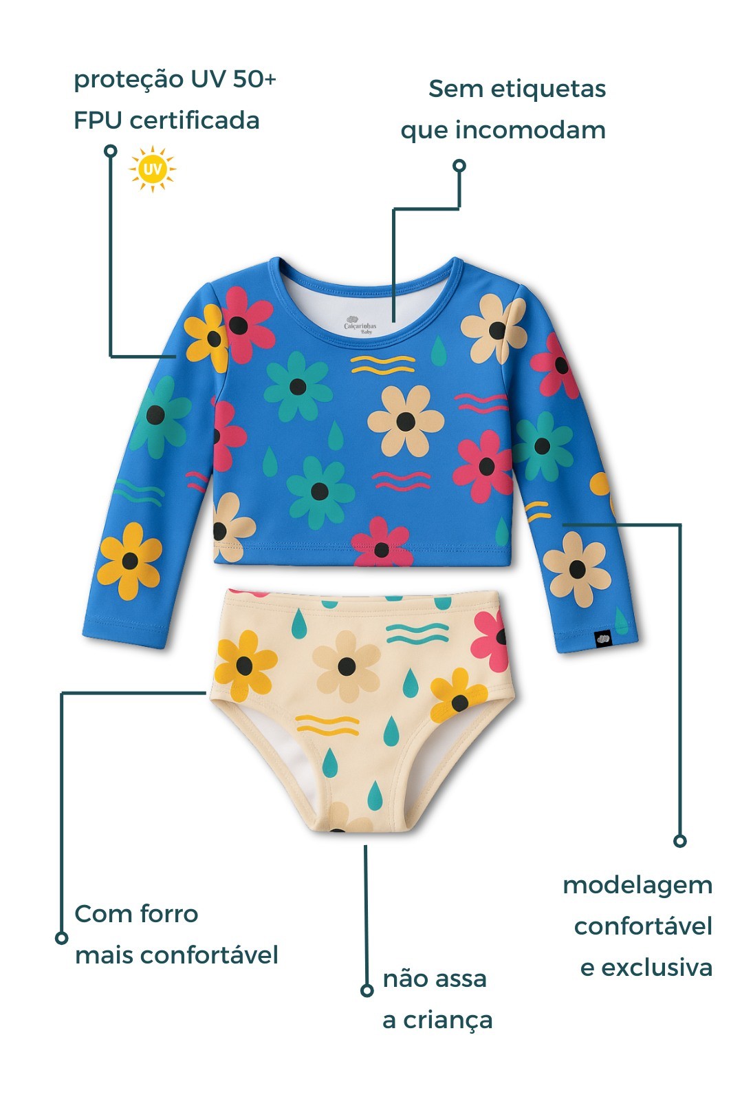 Cropped Manga Longa e Calcinha Alta Proteção UV50+ Azul com Off White Dona Flor