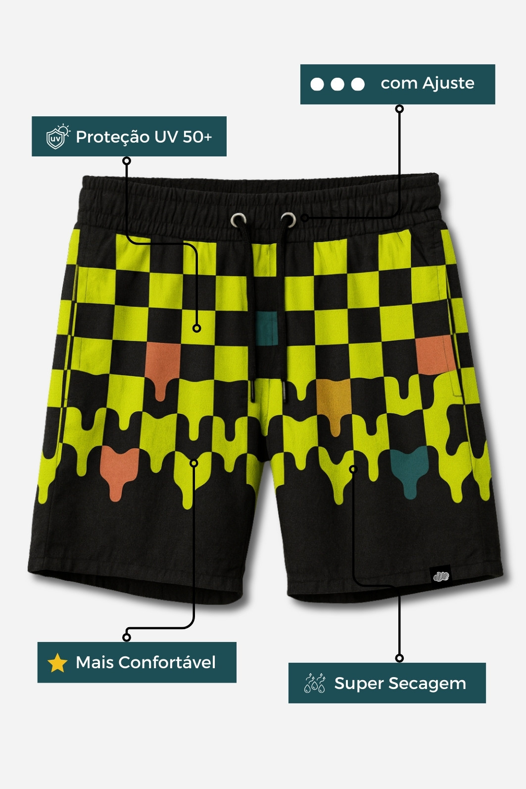 Short Infantil Tactel com ajuste na cintura UV 50+ Preto e Verde Quadriculados Short Infantil Tactel com ajuste na cintura UV 50+ Preto e Verde Quadriculados