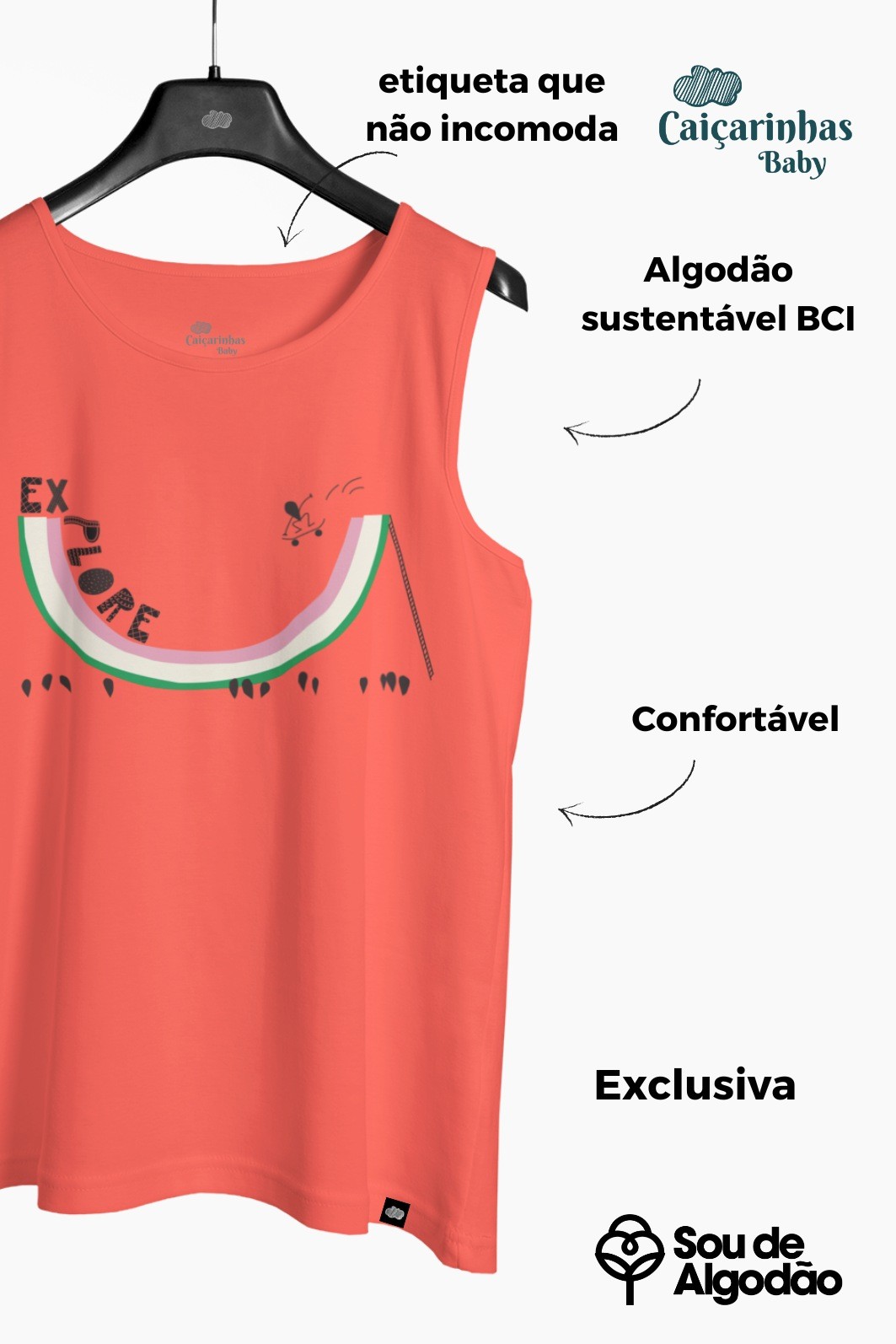 Camiseta Infantil Regata Algodão Sustentável Exclusiva Laranja Skate Explore Camiseta Infantil Regata Algodão Sustentável Exclusiva Laranja Skate Explore