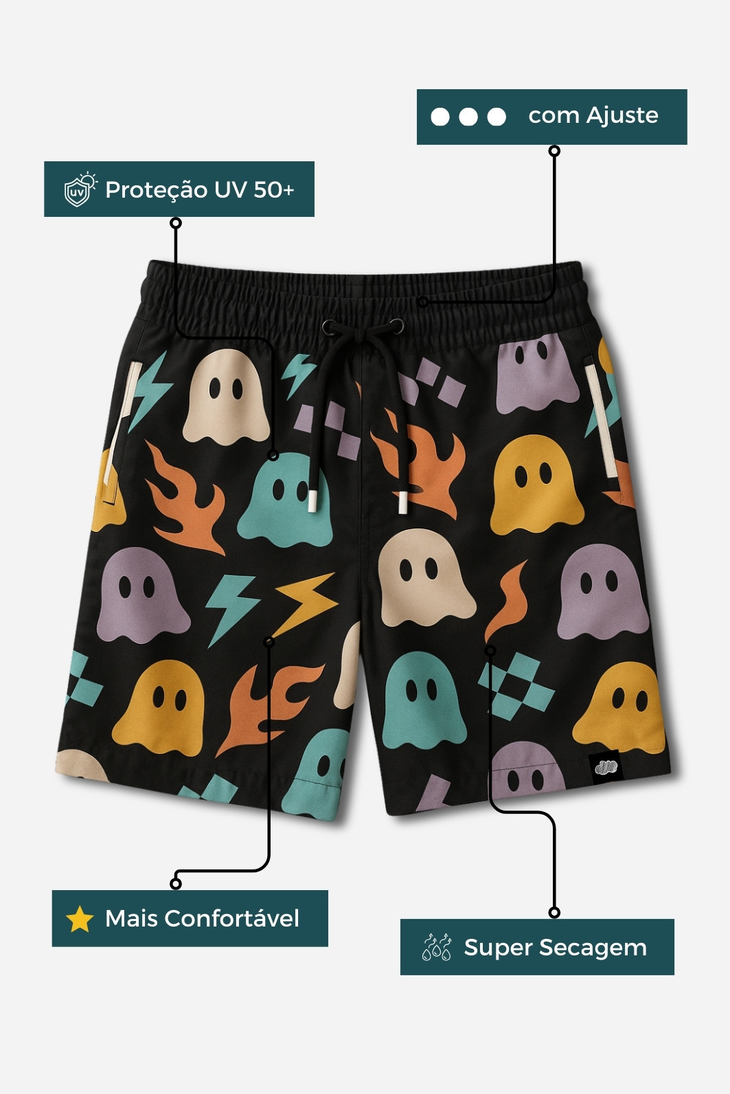 Short Infantil Tactel com ajuste na cintura UV 50+ Preto Fantasminhas Short Infantil Tactel com ajuste na cintura UV 50+ Preto Fantasminhas